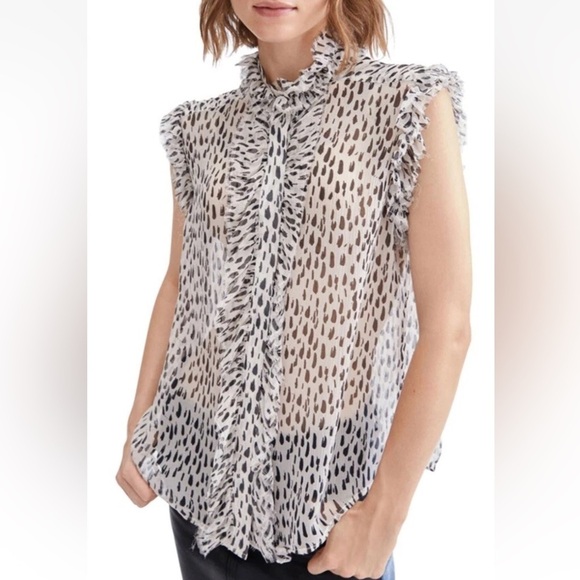 7 FOR ALL MANKIND Sleeveless Top With Ruffles in Snow Leopard/Black & White-Med - Picture 3 of 11